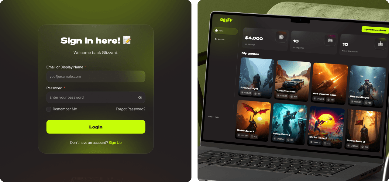 Glizzy login flow and laptop dashboard showcase