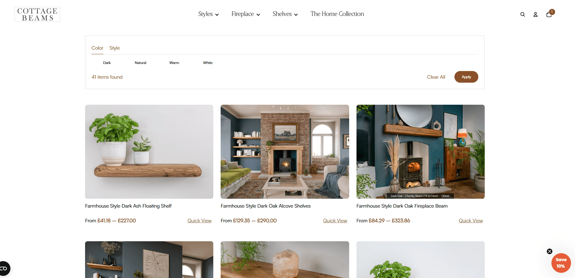 Cottage Beams homepage and product showcase